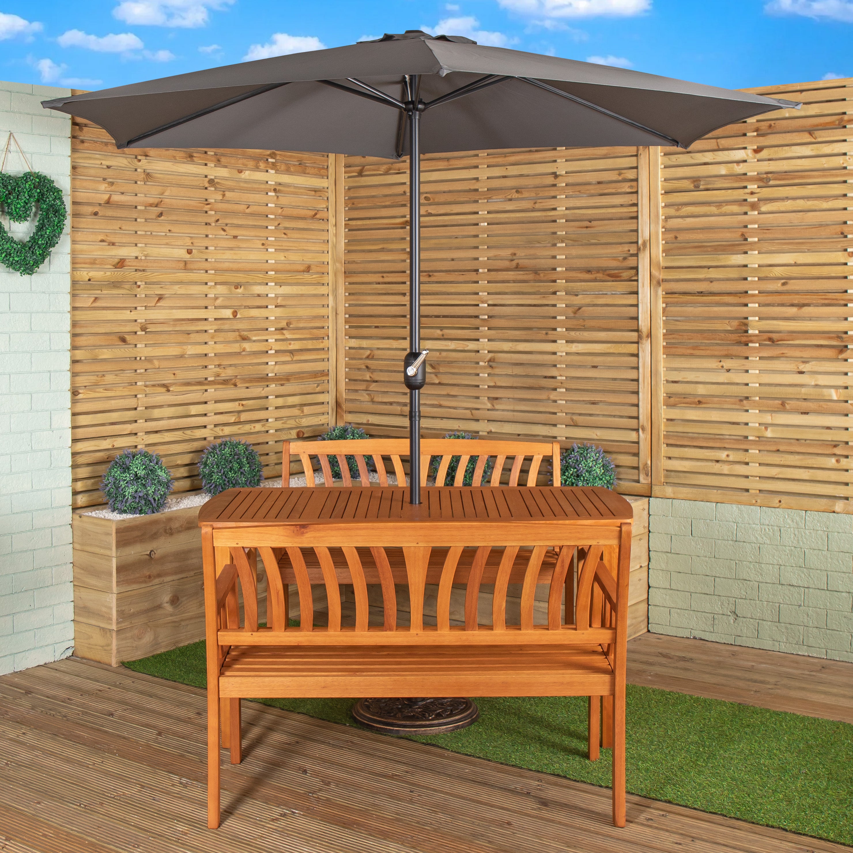 Outdoor 4 Person Rectangular Wooden Dining Table 2 Benches with Grey Havana Parasol & Base