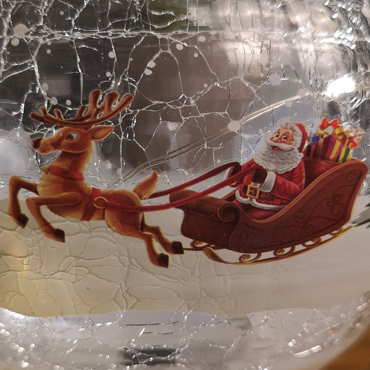 15cm Battery Operated Warm White LED Crackle Effect Ball Christmas Decoration with Reindeer and Sleigh