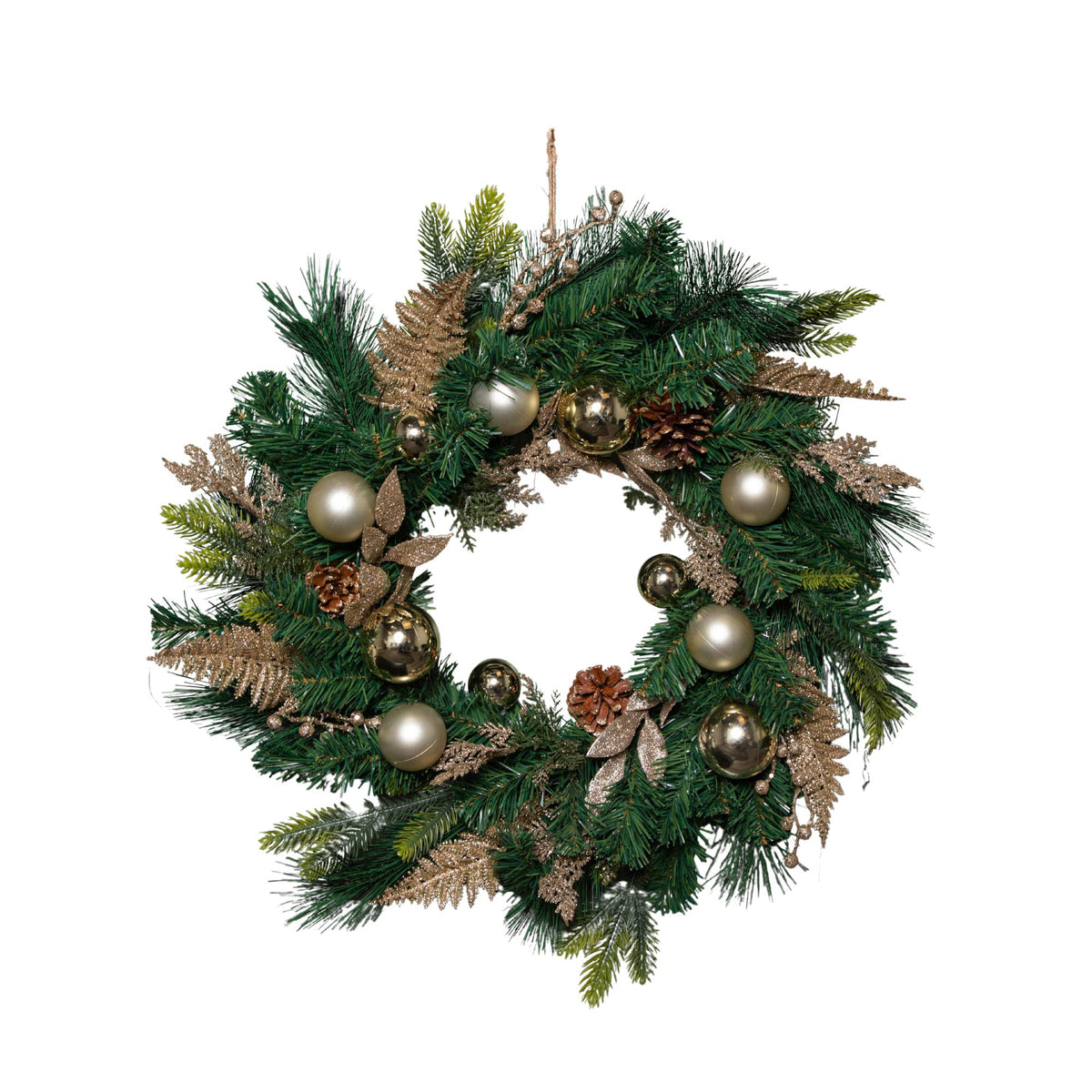 60cm Hanging Christmas Wreath with Gold Baubles, Pinecones & Glitter Berries