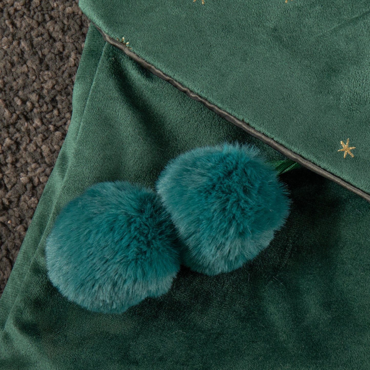 70cm Hanging Dark Green Velour Star Print Christmas Stocking with Pom Poms