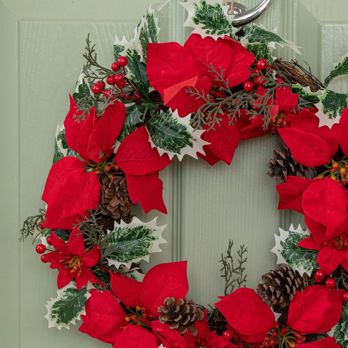 40cm Red Hanging Christmas Poinsettia Wreath with Berries and Pinecones