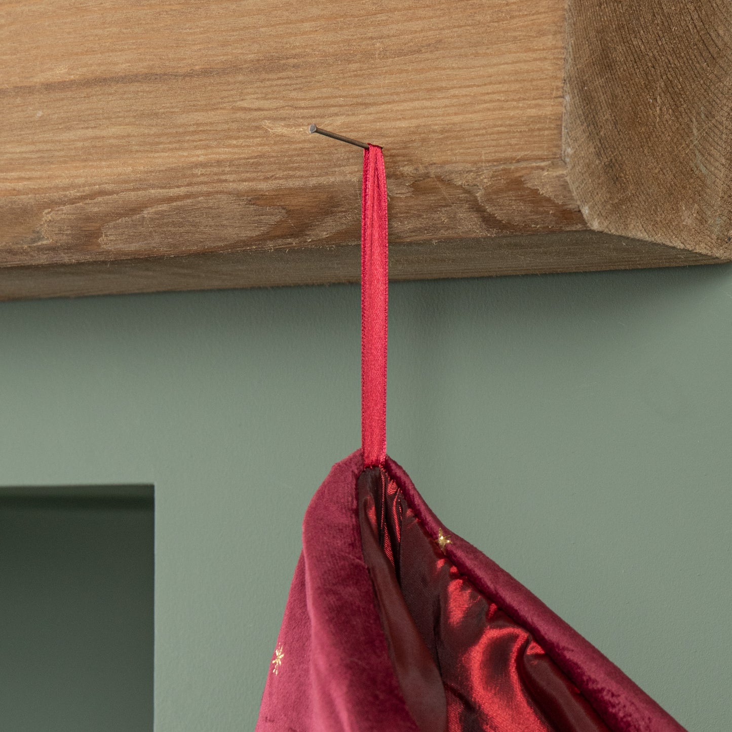 70cm Hanging Burgundy Velour Star Print Christmas Stocking with Pom Poms