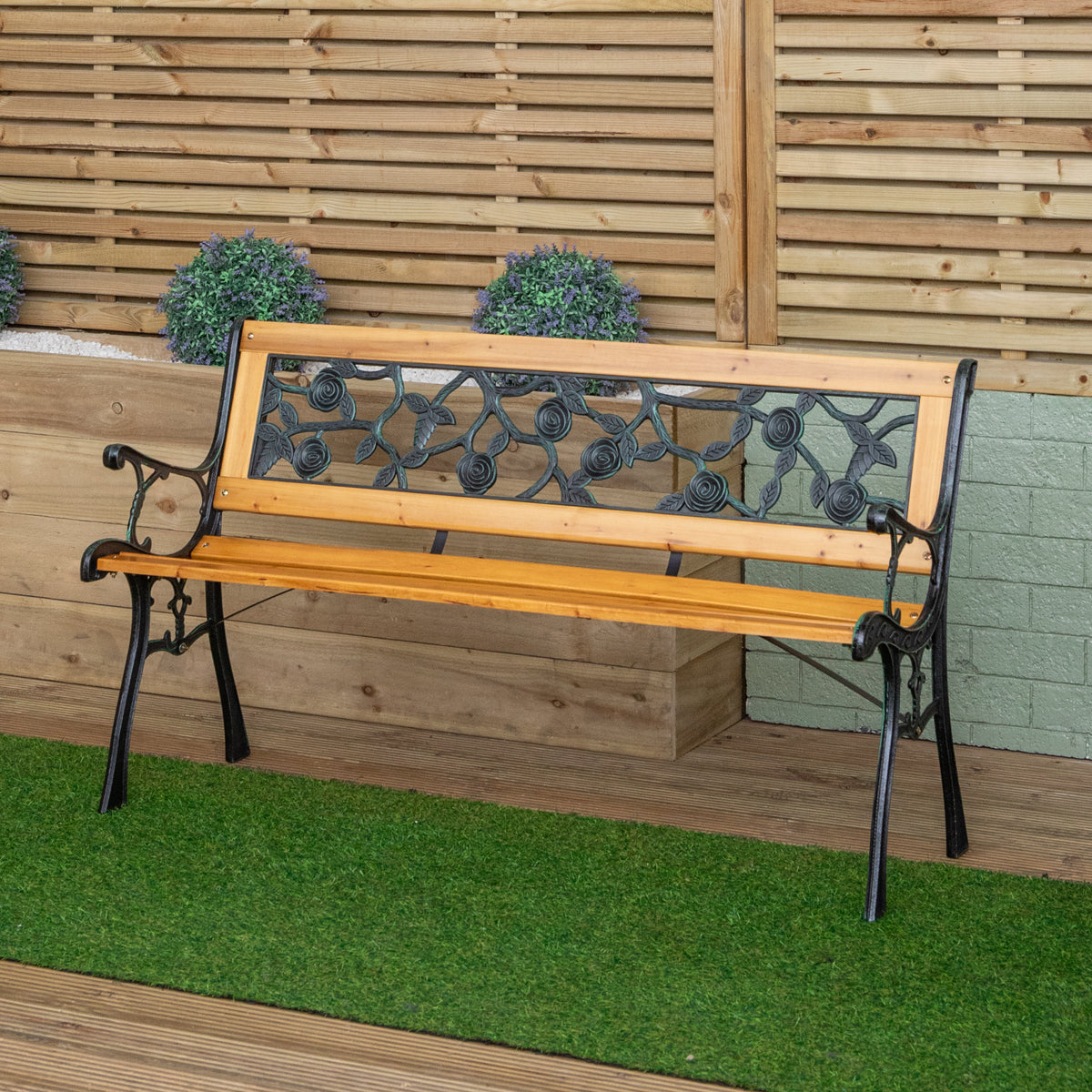 2 Seater Outdoor Wooden & Cast Iron Garden Bench with Rose Design