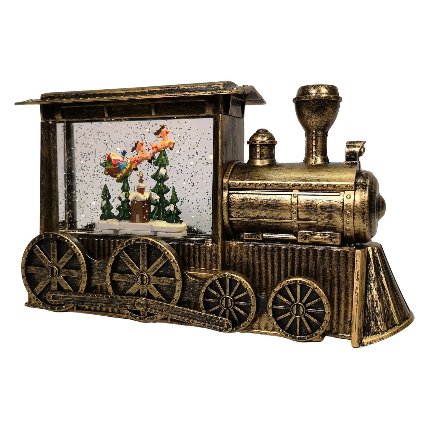 29cm Dual Powered Light up Gold Christmas Train Water Spinner with Santa Scene