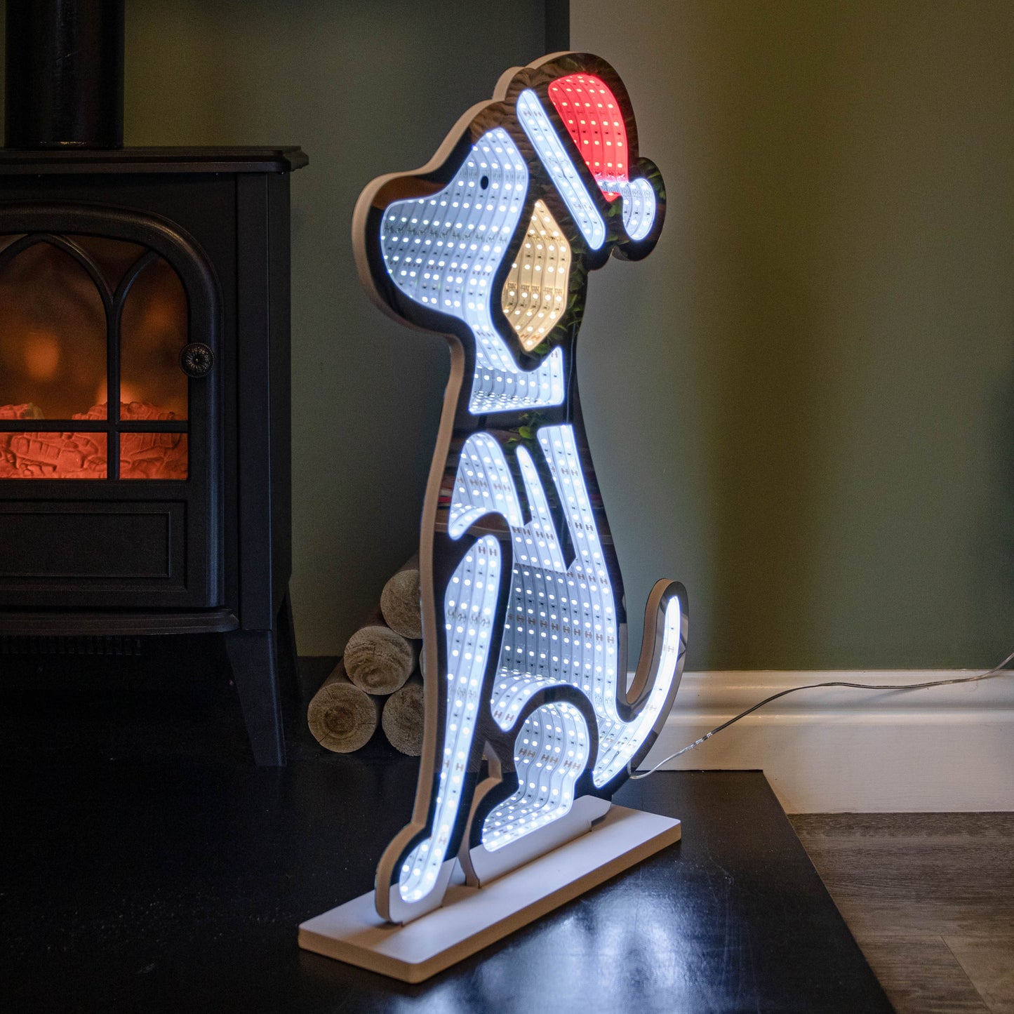 60cm Light up Sitting Dog in Santa Hat Infinity Christmas Decoration with LEDs
