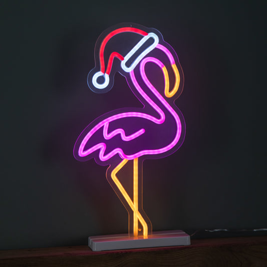 43cm Light up Neon Effect Flamingo with Santa Hat on Base with Multi-Coloured LEDs