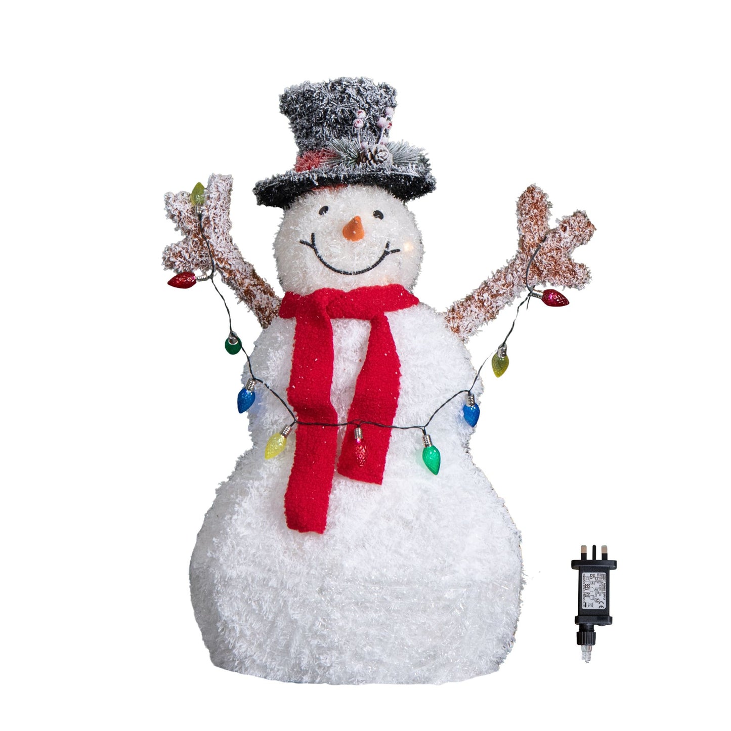 90cm Light up Frosted Tinsel Christmas Snowman with 50 White & Warm White LEDs
