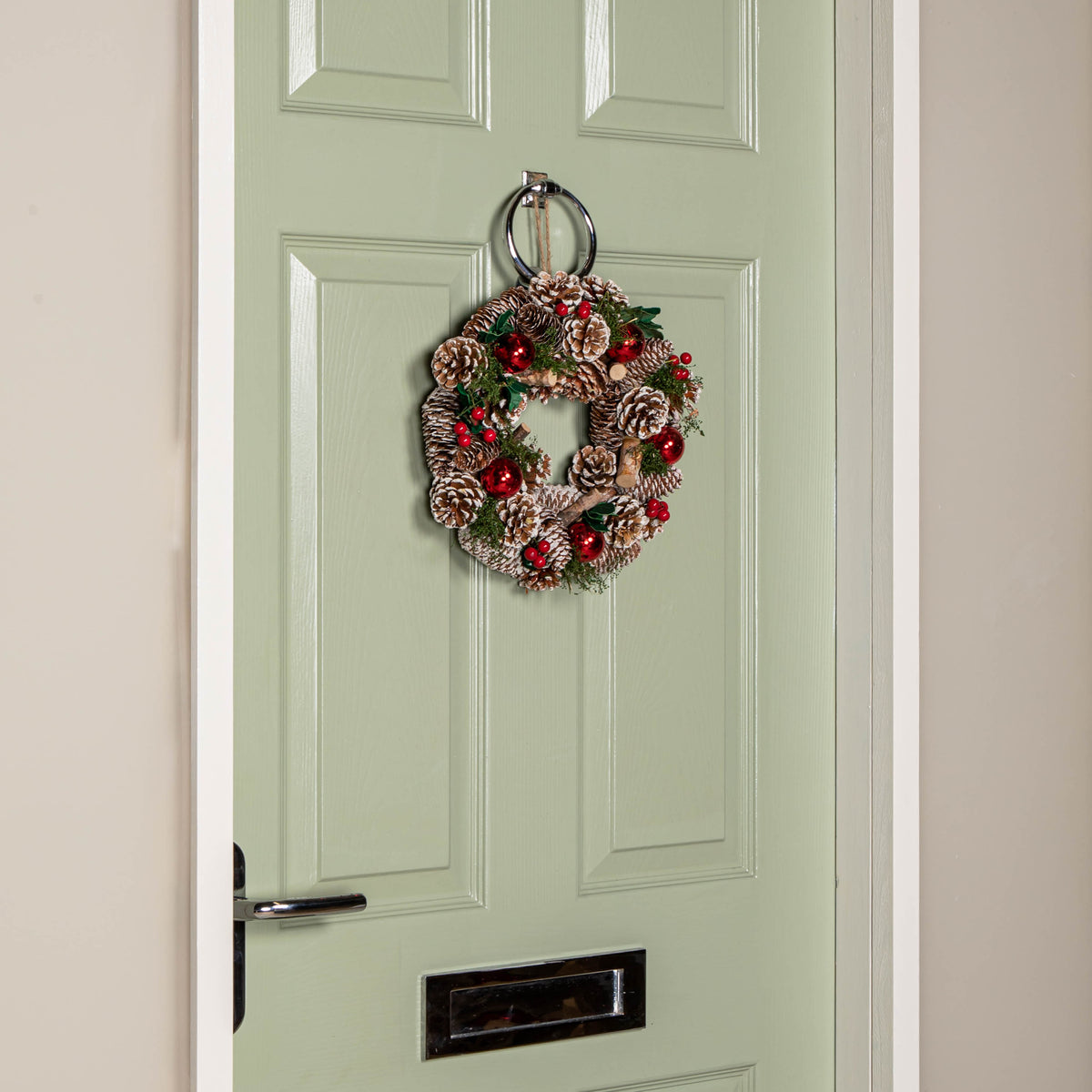30cm Hanging Christmas YuleFest Wreath with Red Baubles & Snow Tipped Pine Cones