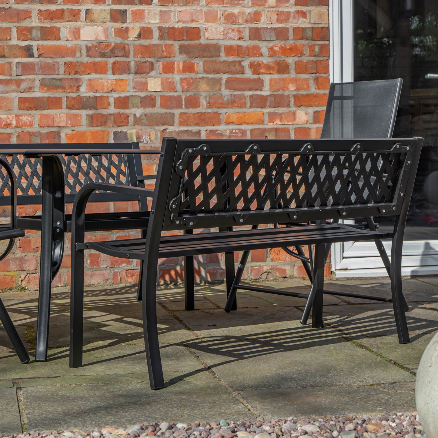 Outdoor 6 Person Rectangular Glass Top Garden Dining Table Benches & Chairs Set