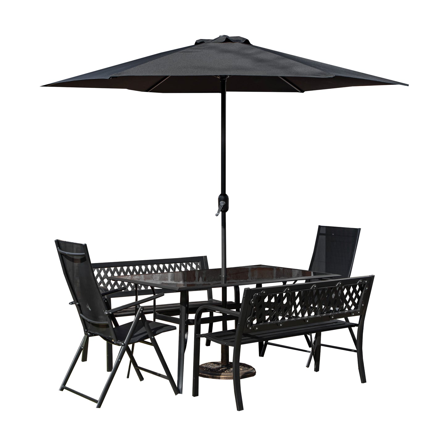 Outdoor 6 Person Rectangular Glass Top Garden Dining Table Benches & Chairs With Black Havana Parasol and Base Set