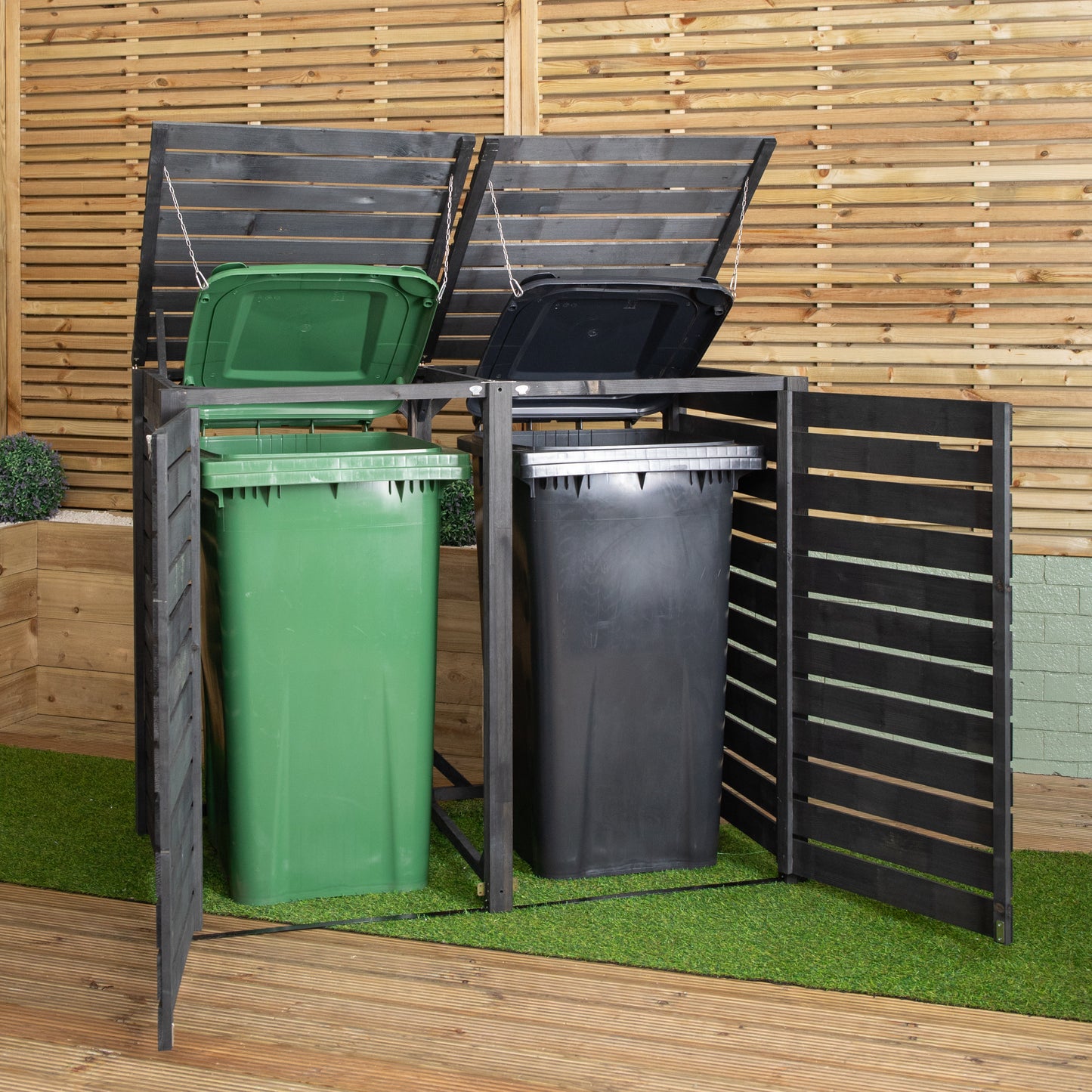 1.43m x 1.16m Outdoor Wooden Garden Double Wheelie Bin Store Storage for 2 Bins in Anthracite