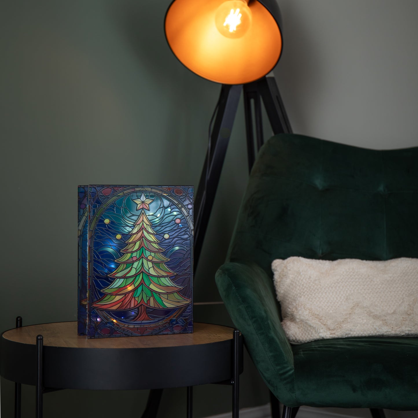 28cm Battery Operated Light up Christmas Tree Stained Glass Decoration with LEDs