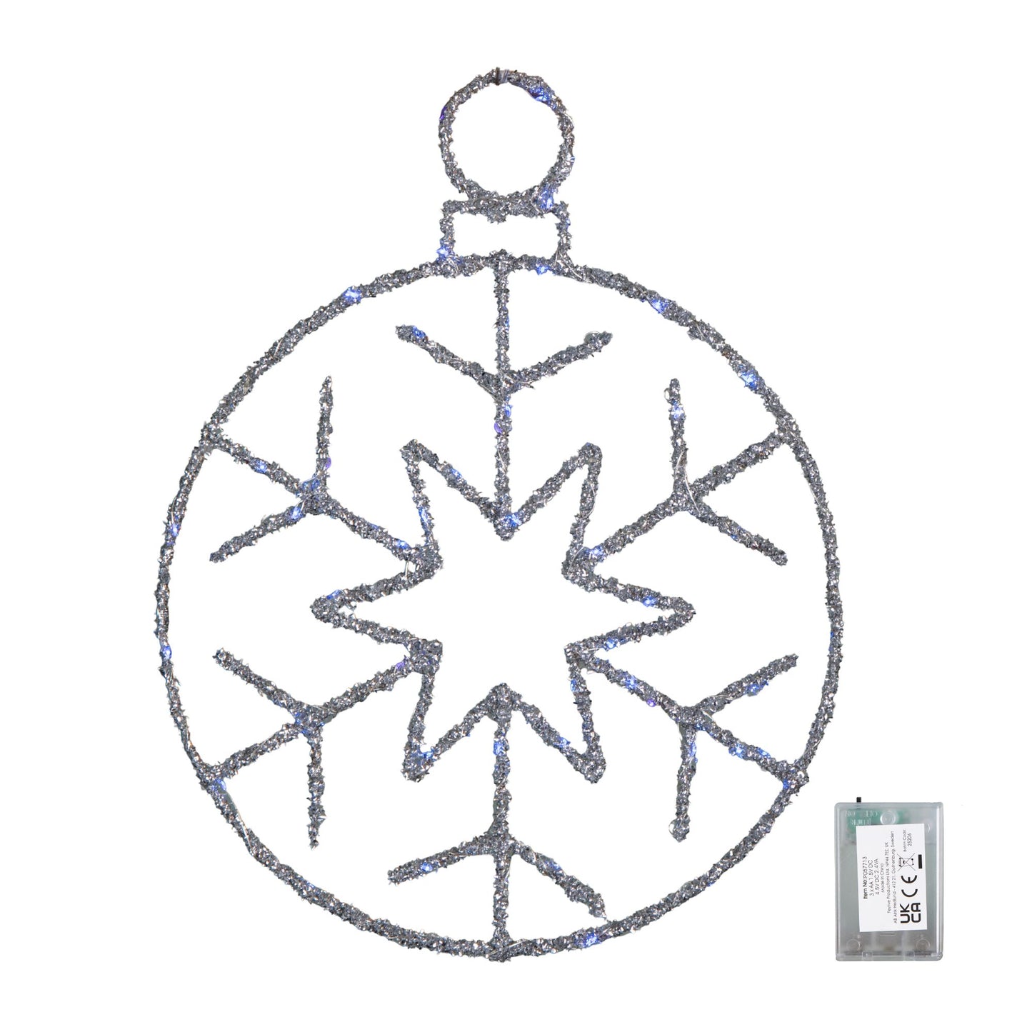 49cm Battery Powered Light up Silver Christmas Snowflake Ball with Blue Twinkling LEDs