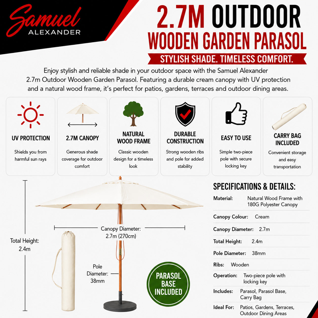 2.7m Outdoor Wooden Garden Parasol Sun Shade with Carry Bag in Cream with 9kg Base Included