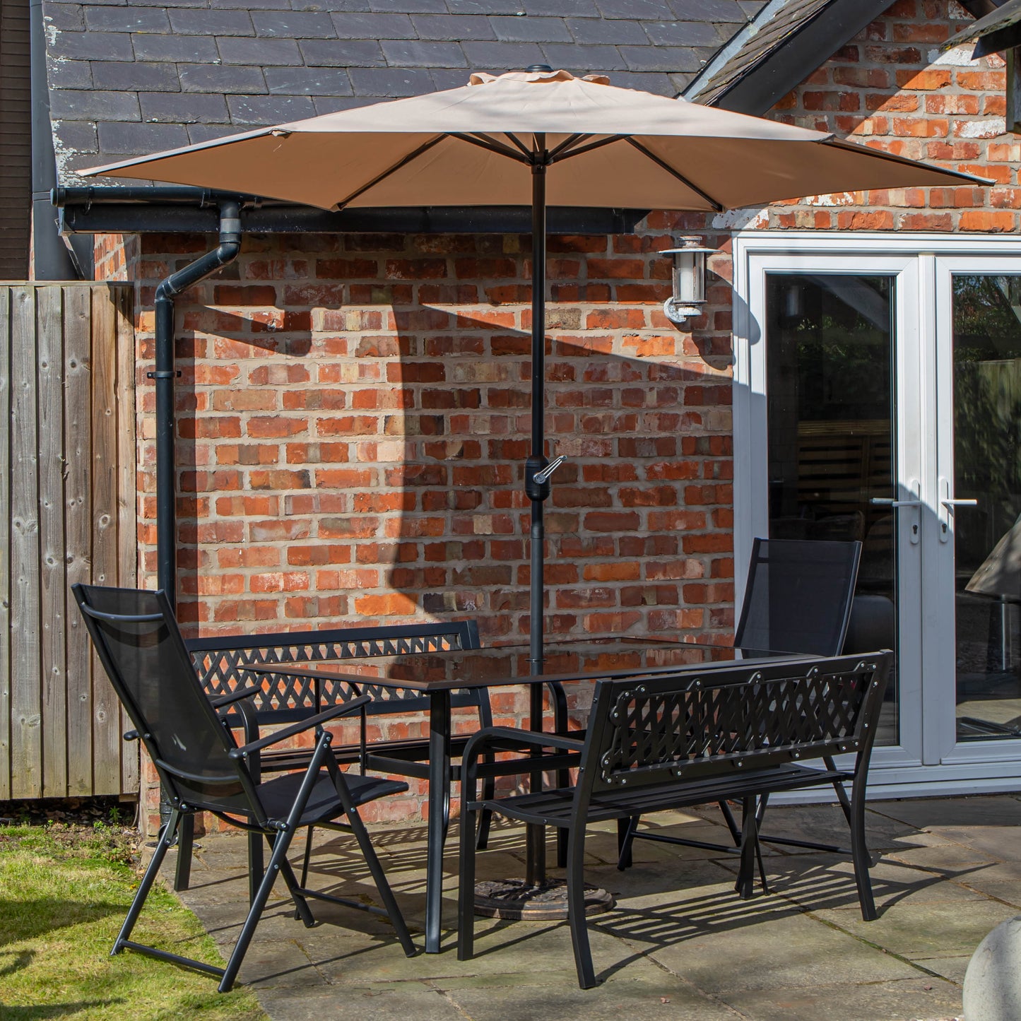 Outdoor 6 Person Rectangular Glass Top Garden Dining Table Benches & Chairs With Beige Havana Parasol and Base Set