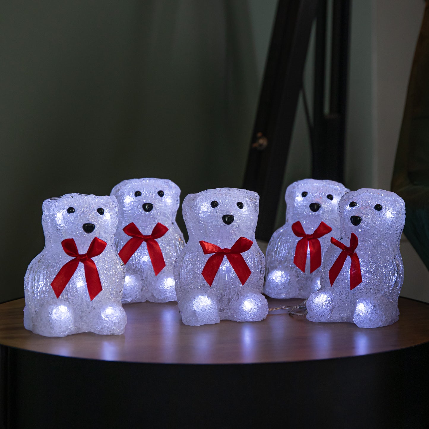 12cm Set of 5 Battery Operated Light up Christmas Polar Bears Ornaments with 40 Cool White LEDs