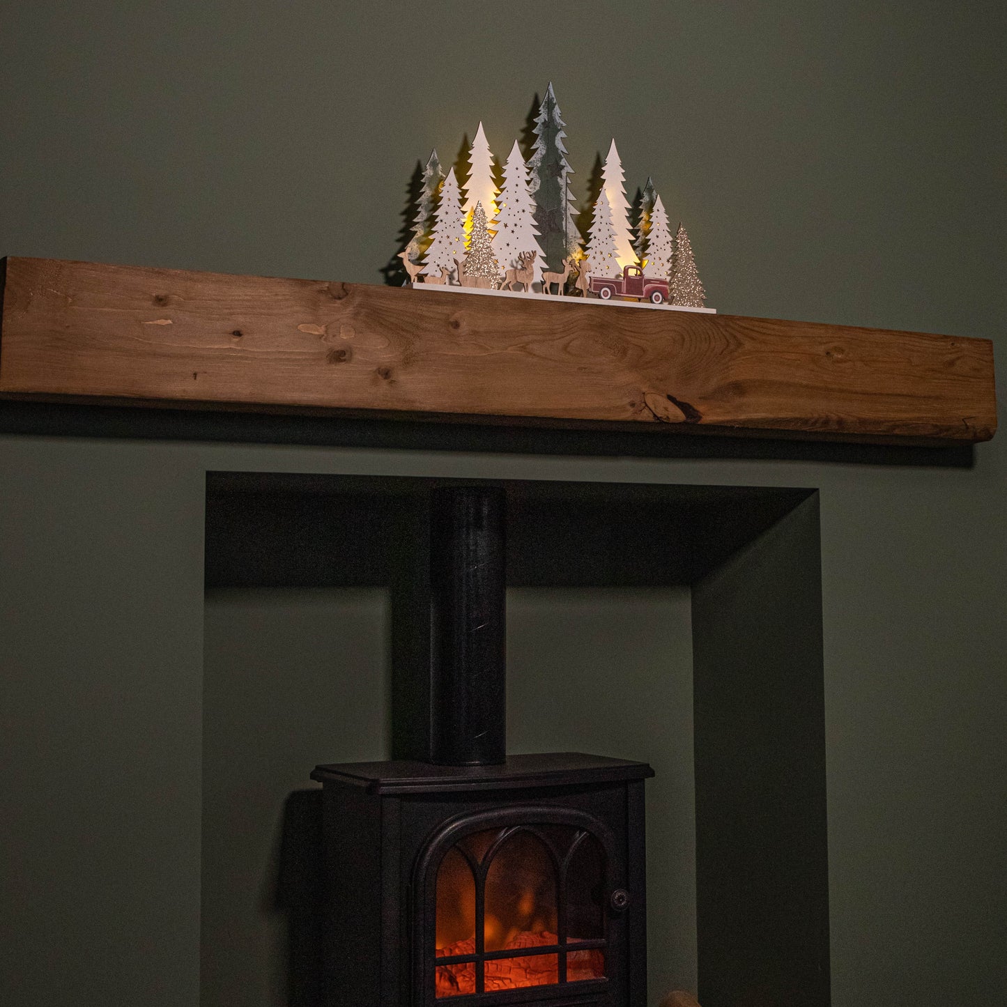 31cm Battery Operated Light up Wooden Christmas Tree with Deer and 15 Warm White LEDs