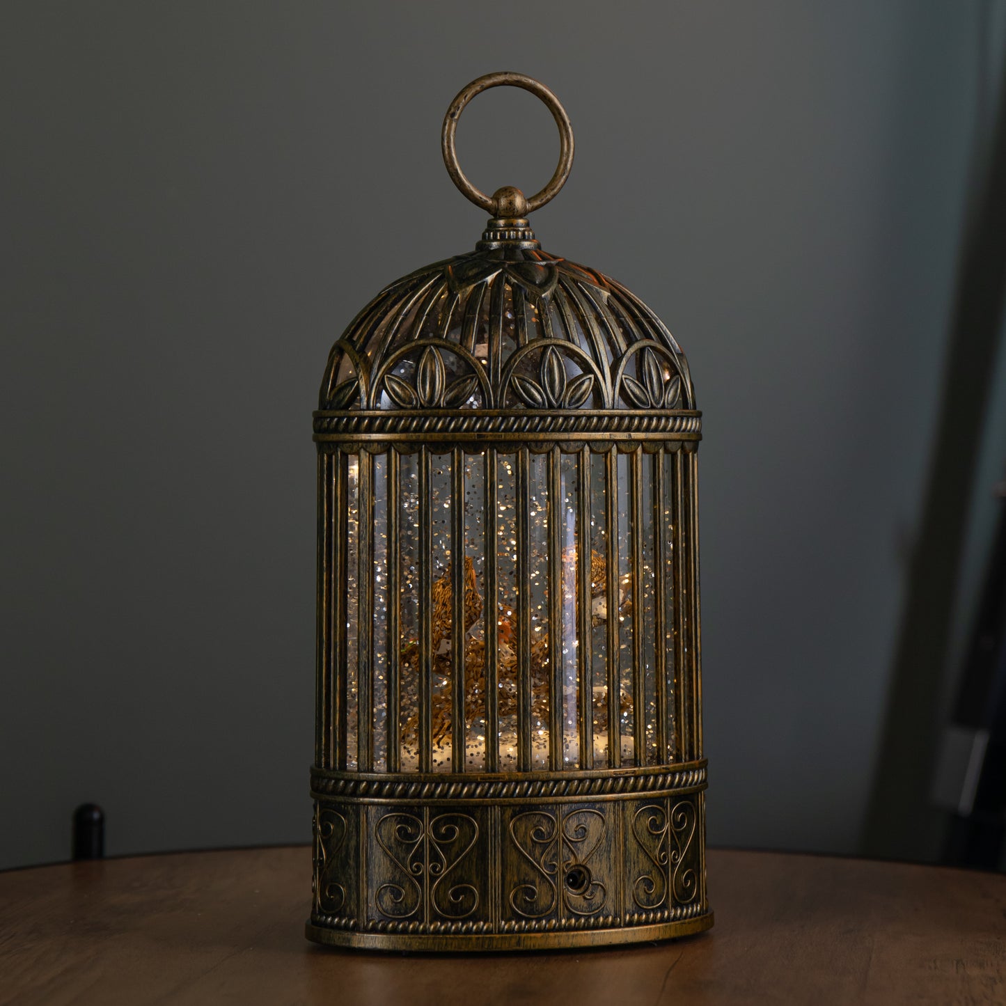 24cm Dual Powered Light up Christmas Cage Water Spinner with Robin Scene & LEDs