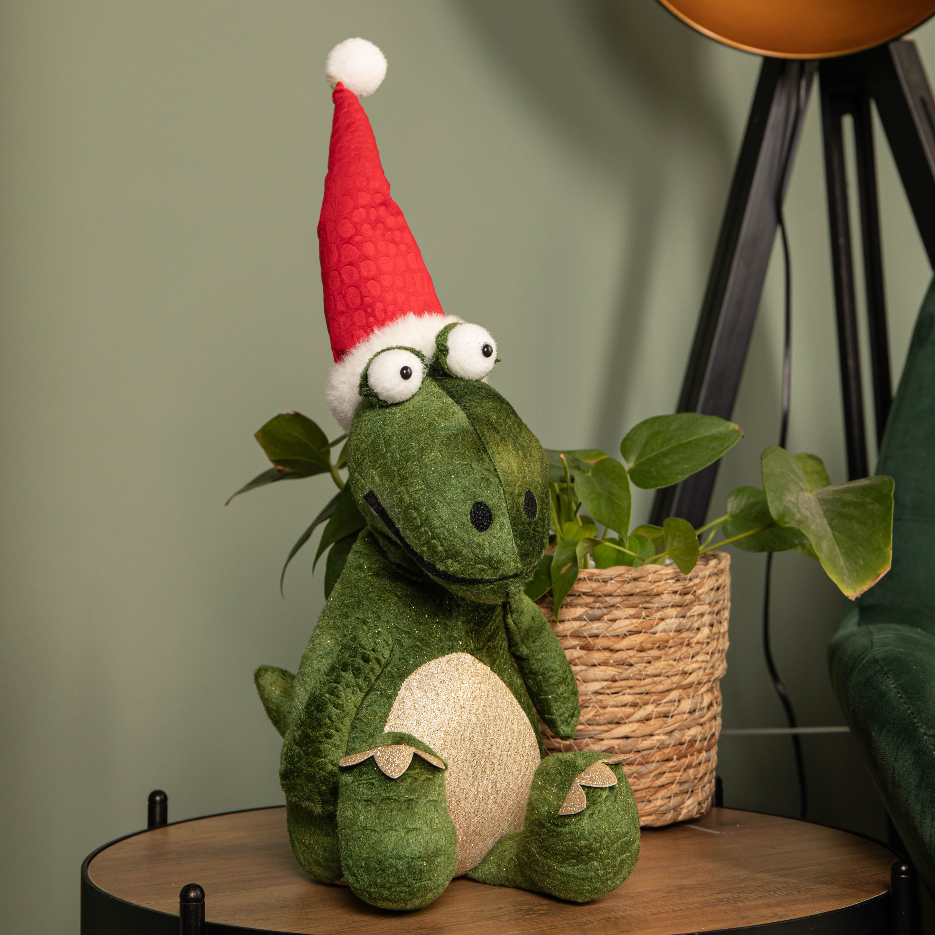 48cm Green Sitting Christmas Dinosaur with Santa Hat