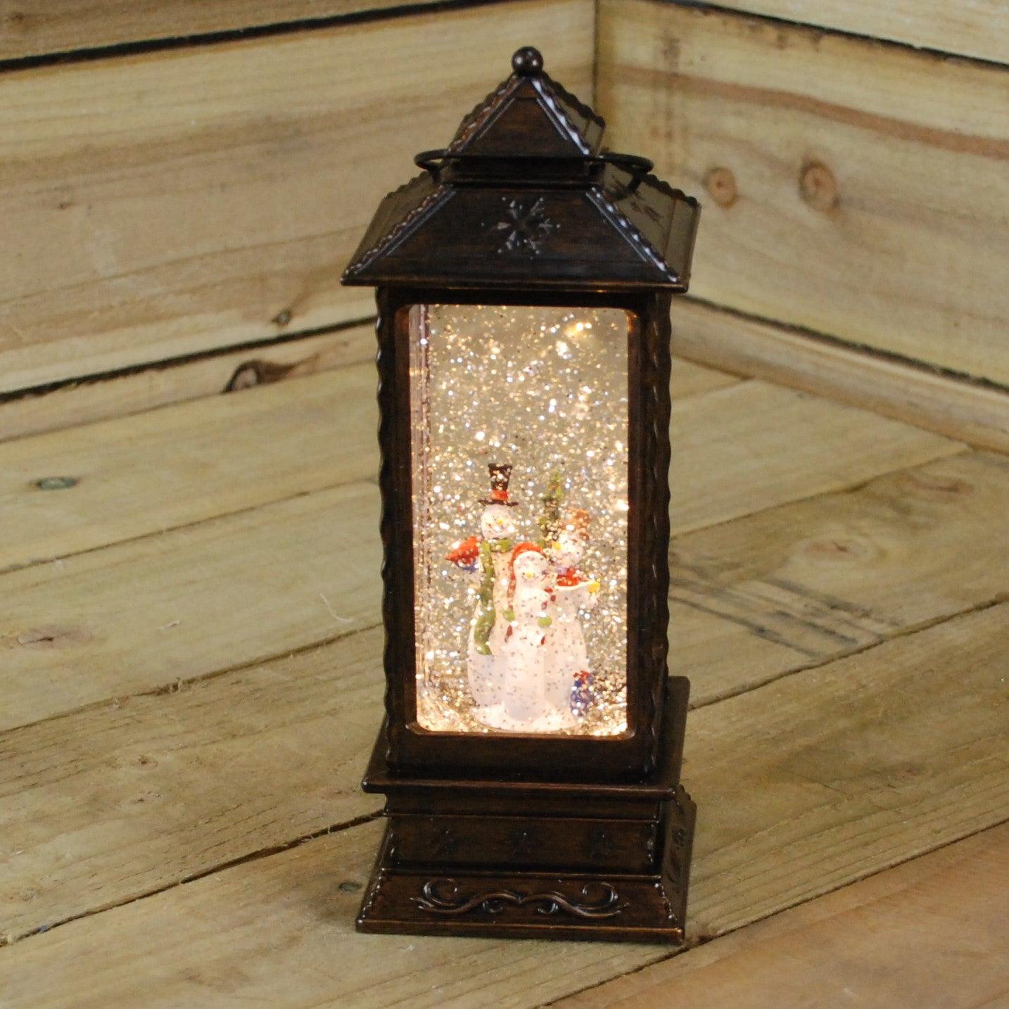 27cm Dual Power LED Christmas Glitter Water Spinner Rustic Lantern Snowman Scene