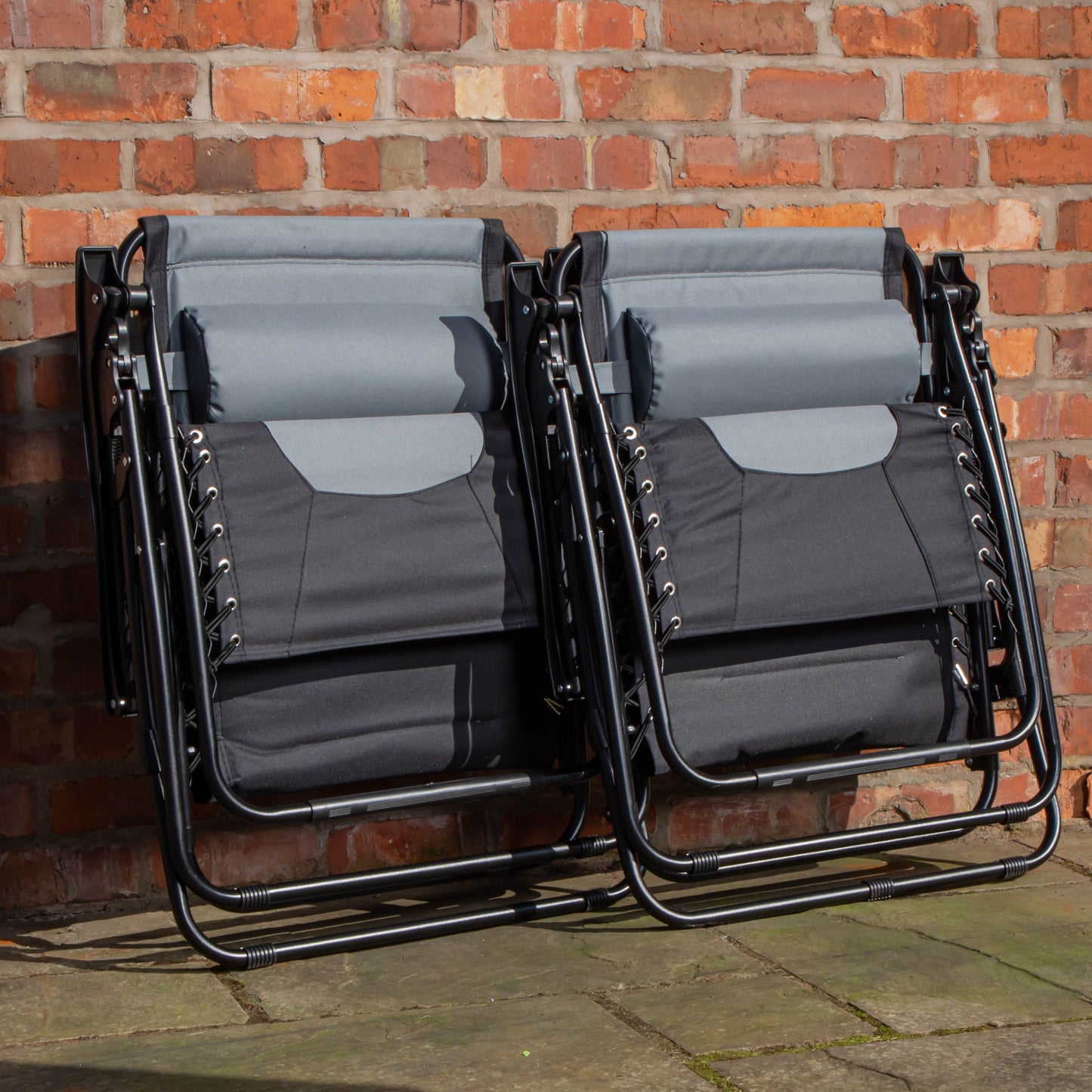 Set of 2 Luxury Padded Multi Position Zero Gravity Garden Relaxer Chair Lounger in Grey & Black