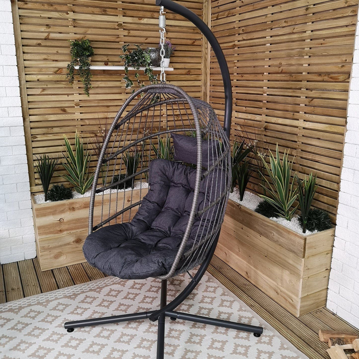 Factory Seconds: Samuel Alexander Grey Hanging Egg Chair With Stand Waterproof Cover And Cushions Steel Frame Rattan Outdoor Swing Chair Garden Seat Hammock Balcony Conservatory Furniture 