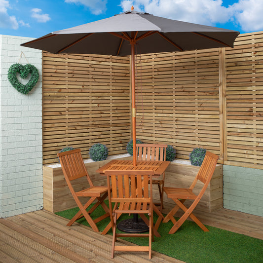 Outdoor 4 Person Folding Square Wooden Garden Dining Table Chairs Grey Parasol and Base Set