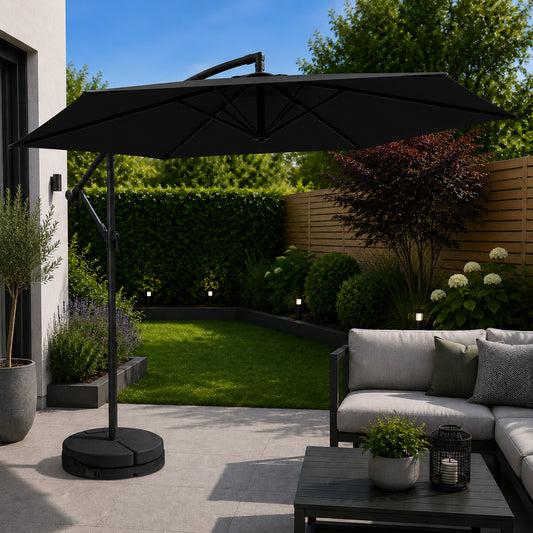 3m Cantilever Banana Garden Parasol with Crank Handle in Black with Base Bag Included