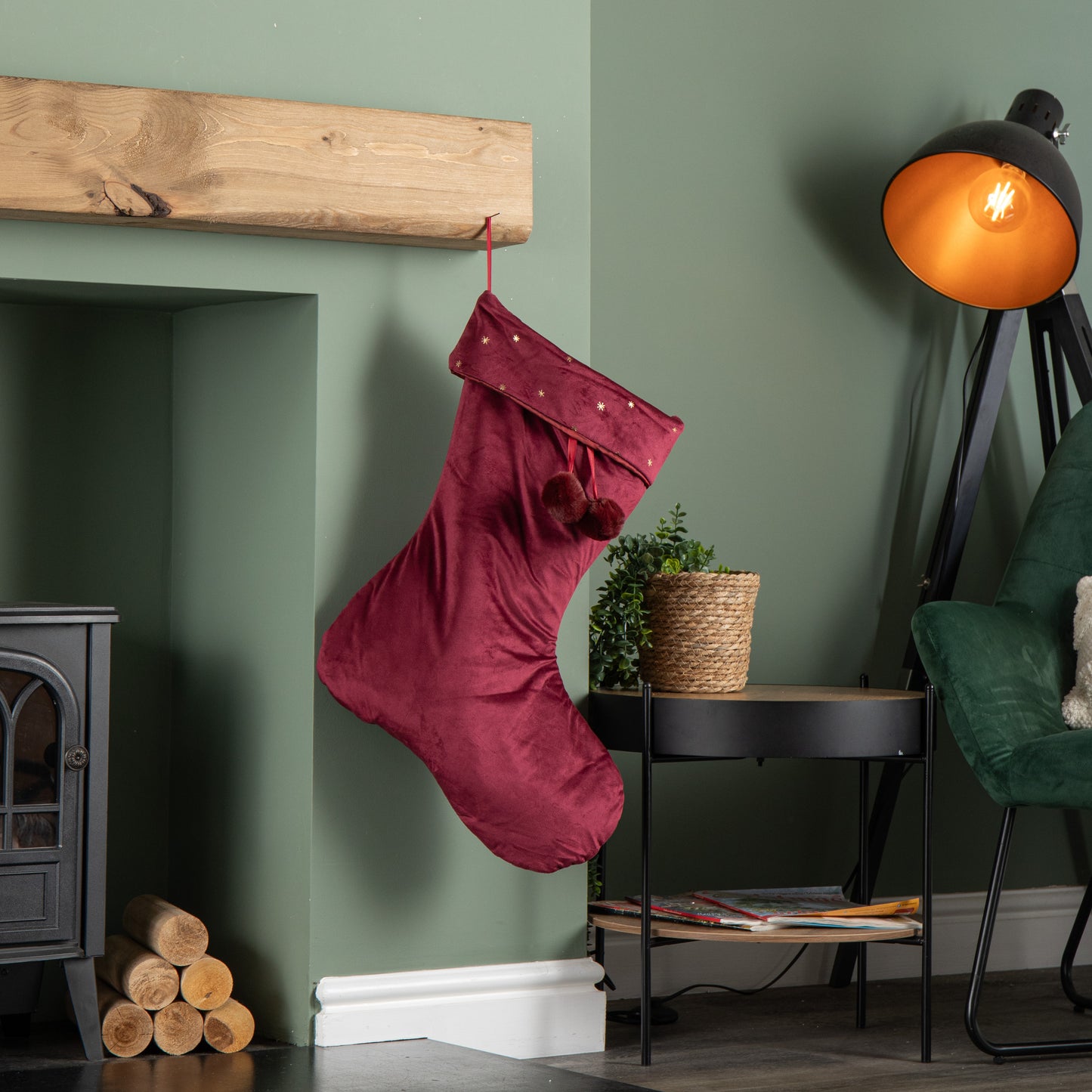 70cm Hanging Burgundy Velour Star Print Christmas Stocking with Pom Poms