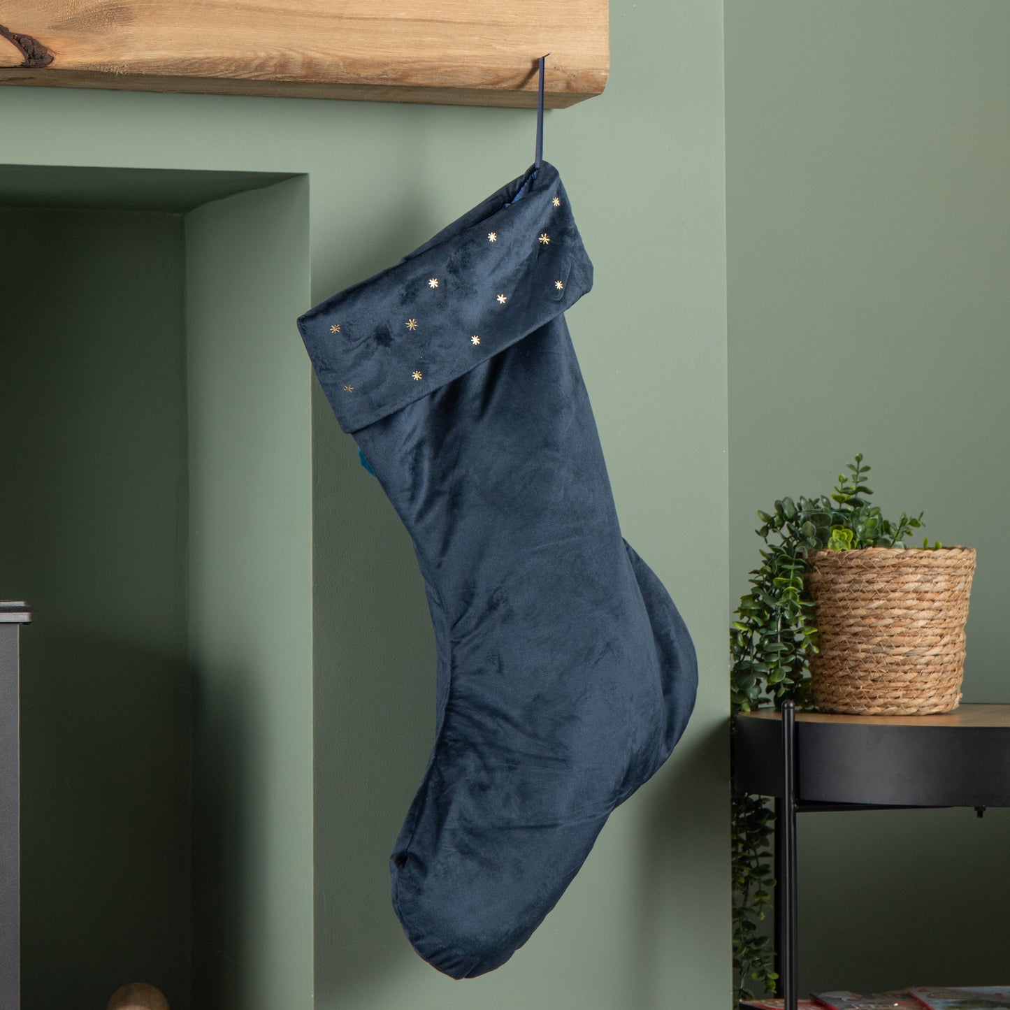 70cm Hanging Dark Blue Velour Star Print Christmas Stocking with Pom Poms