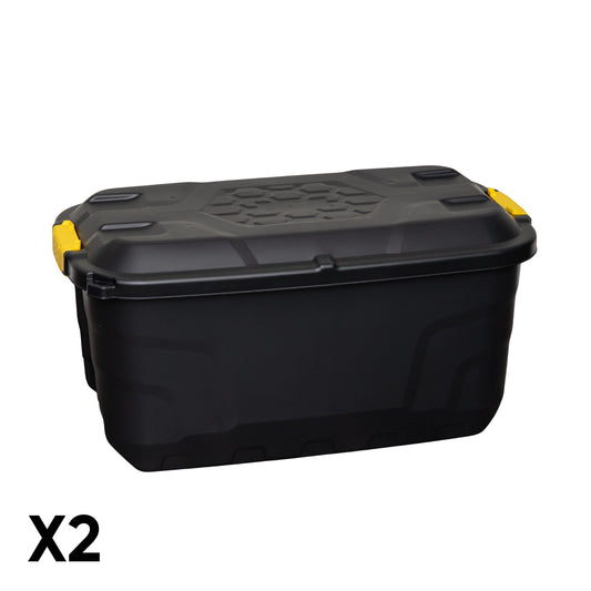 2 x 75L Heavy Duty Lockable & Stackable Storage Tub Chest on Wheels with Clips in Black