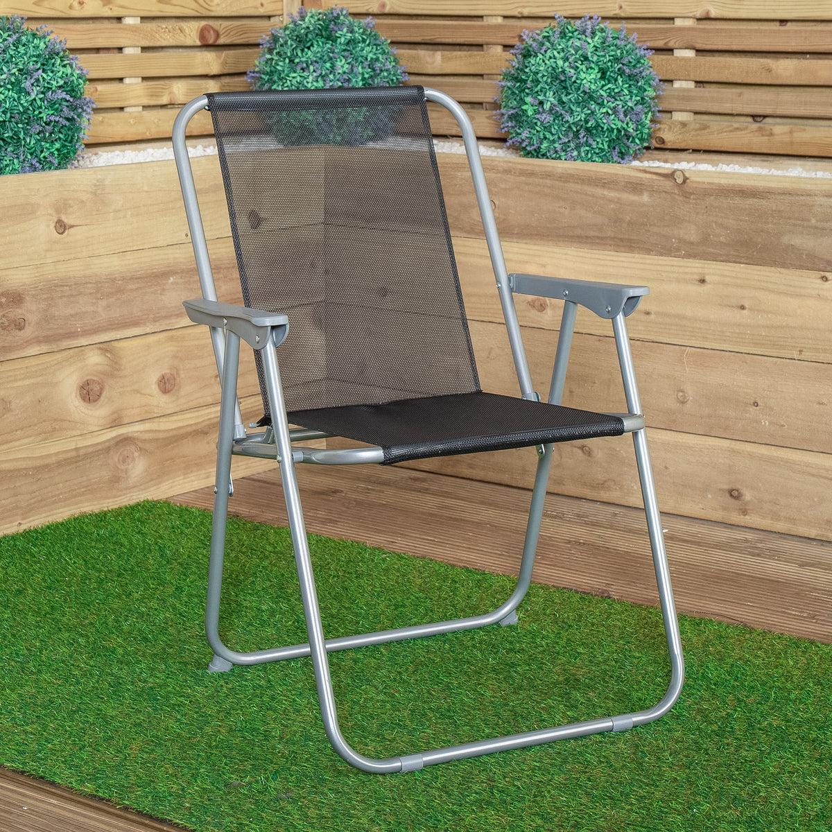 4 x Foldable Garden Chairs Fixed position garden chairs with grey frame and black fabric