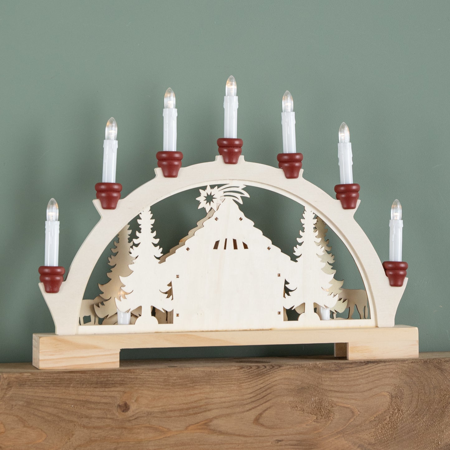 33cm Battery Operated Wooden Christmas Candle Bridge with Nativity Scene and LEDs