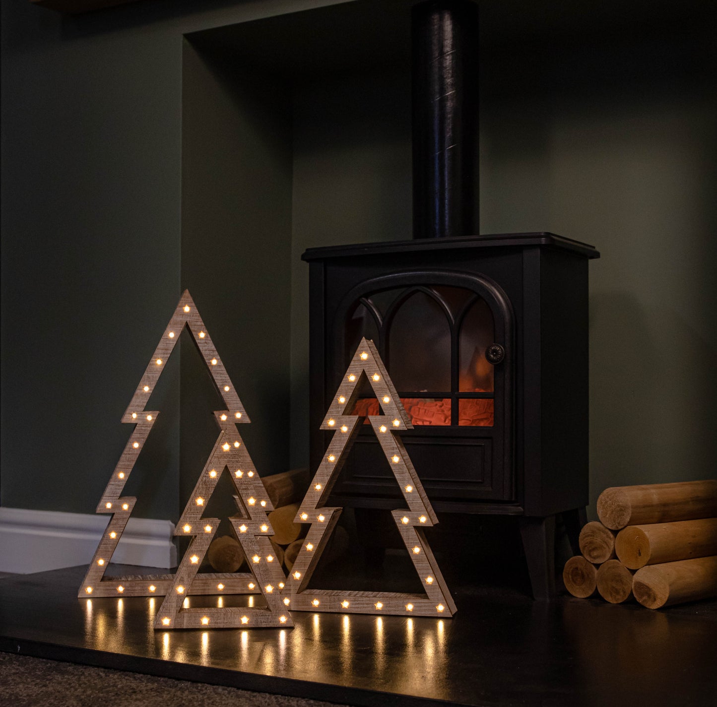 Set of 3 Battery Operated Light up Wooden Christmas Trees with Warm White LEDs