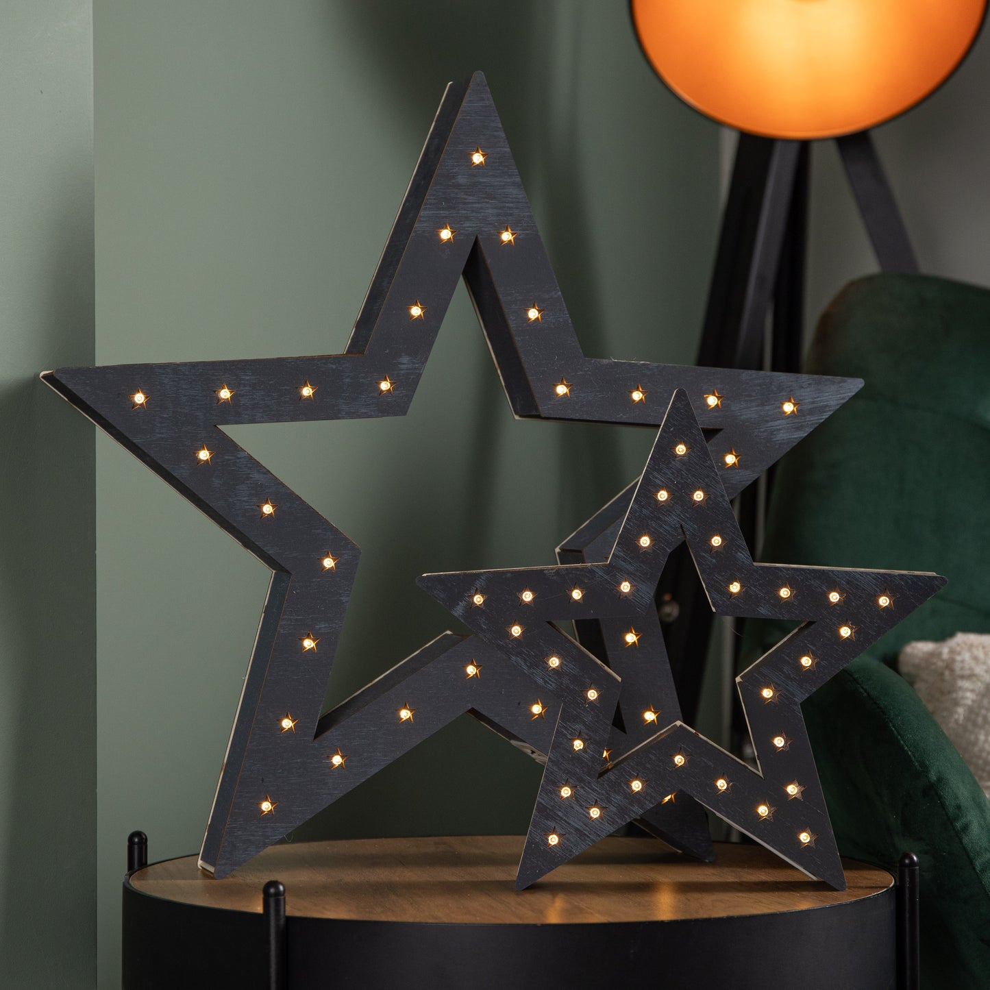 Set of 2 Battery Operated Light up Wooden Christmas Stars with 60 Warm White LEDs
