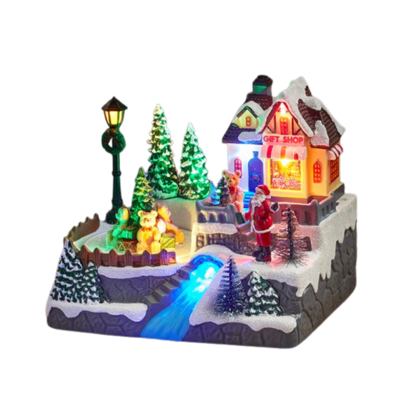 18cm Light up Christmas Gift Shop Snow Scene with Music and LEDs
