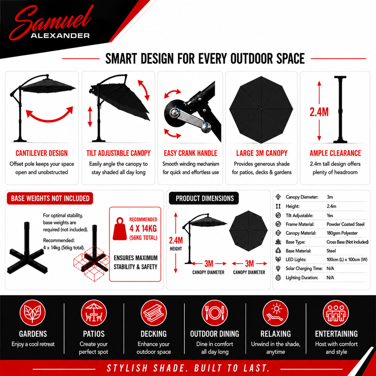 Samuel Alexander 3m Cantilever Parasol in Black with Crank Handle for Patio Garden Banana Parasol with UV Protection Outdoor Umbrella Sun Shades for Garden