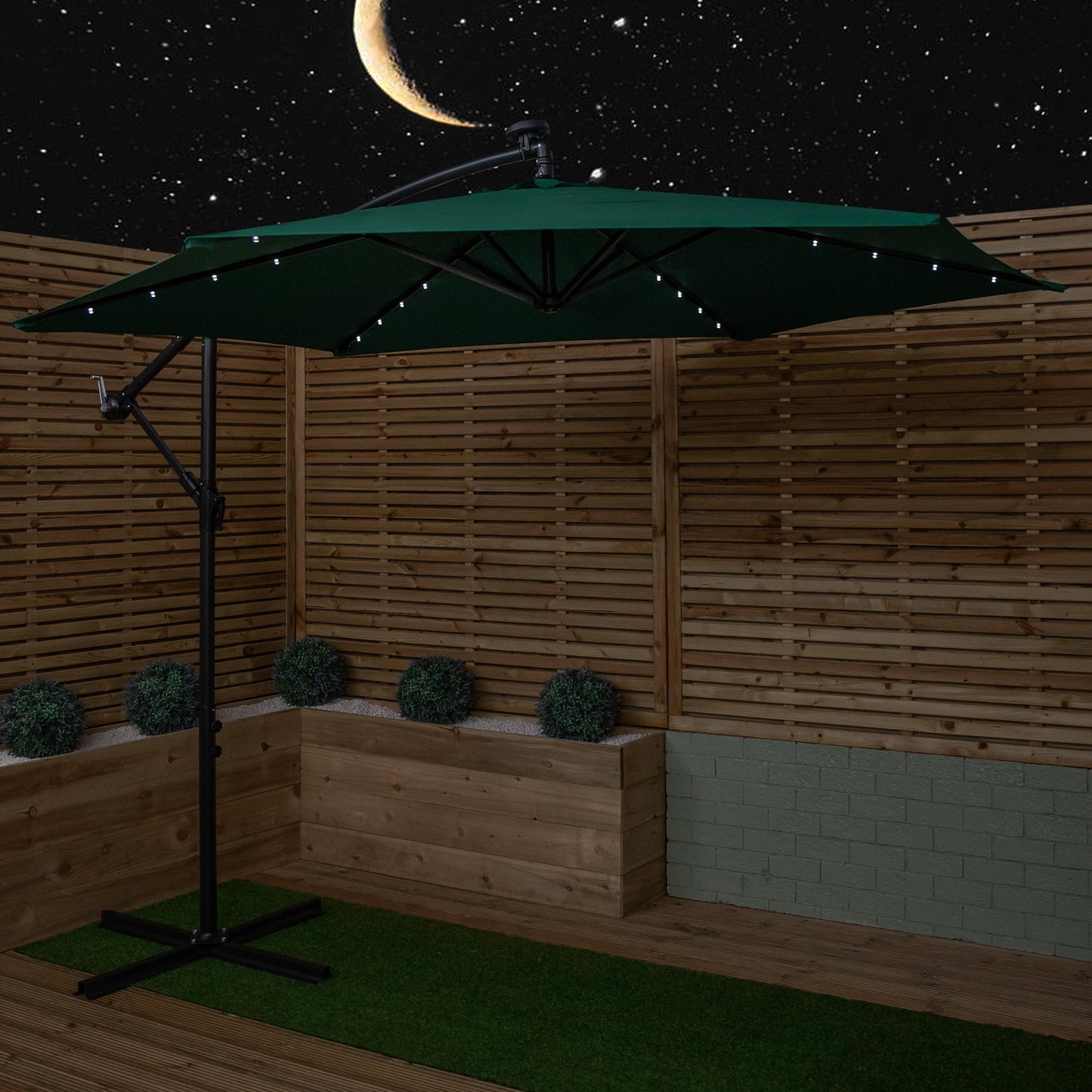 Outdoor 4 Person Rectangular Glass Top Garden Dining Table Chairs With Green Banana Lit Parasol and Base Set