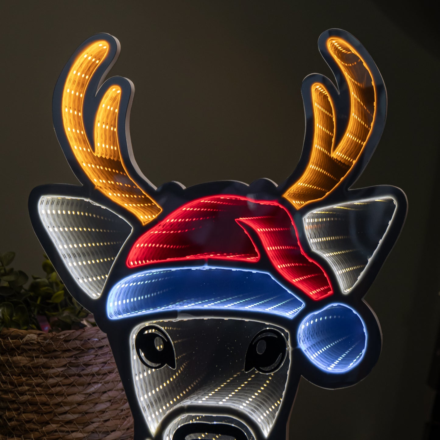 40cm Light up Christmas Deer Head in Santa Hat Infinity Decoration with LEDs