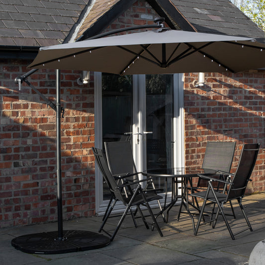 Outdoor 4 Person Round Glass Top Garden Dining Table Chairs With Grey Banana Lit Parasol and Base Set