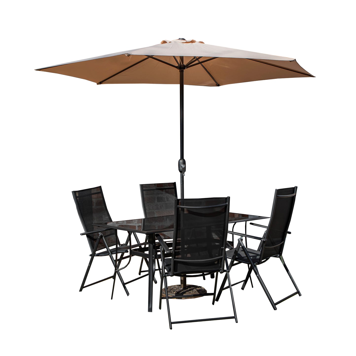 Outdoor 4 Person Rectangular Glass Top Garden Dining Table Chairs Beige Parasol and Base Set