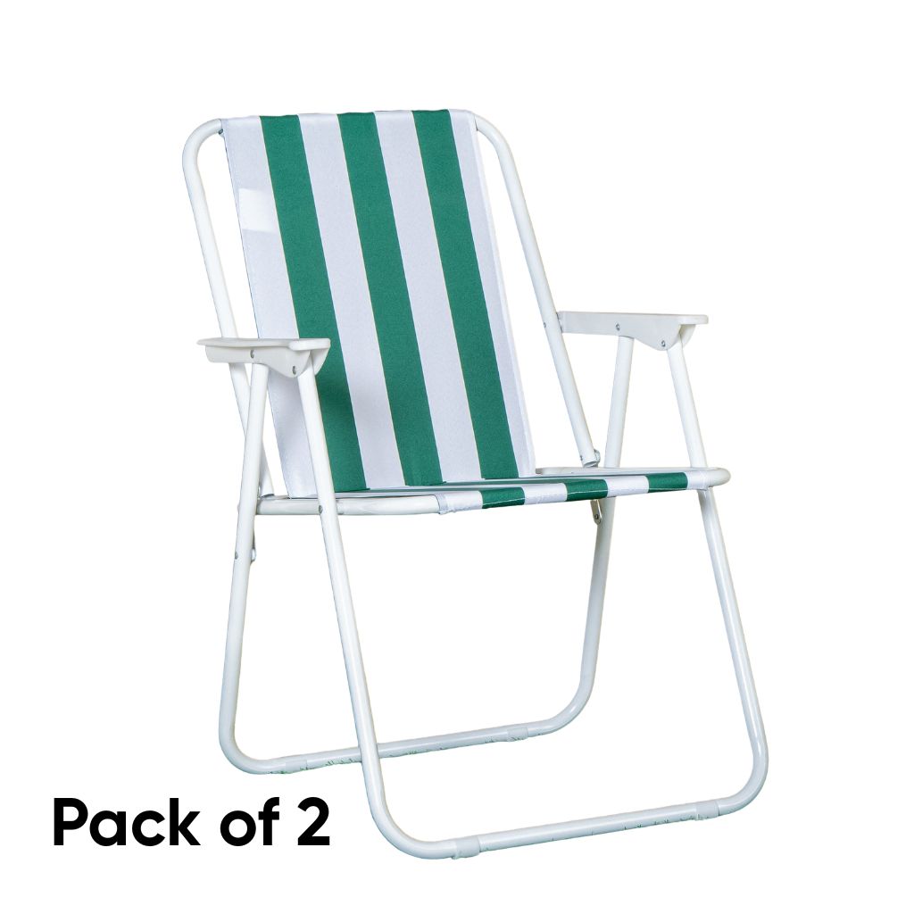 2 Pack of Outdoor Green and White Stripe Camping Chairs with Armrests