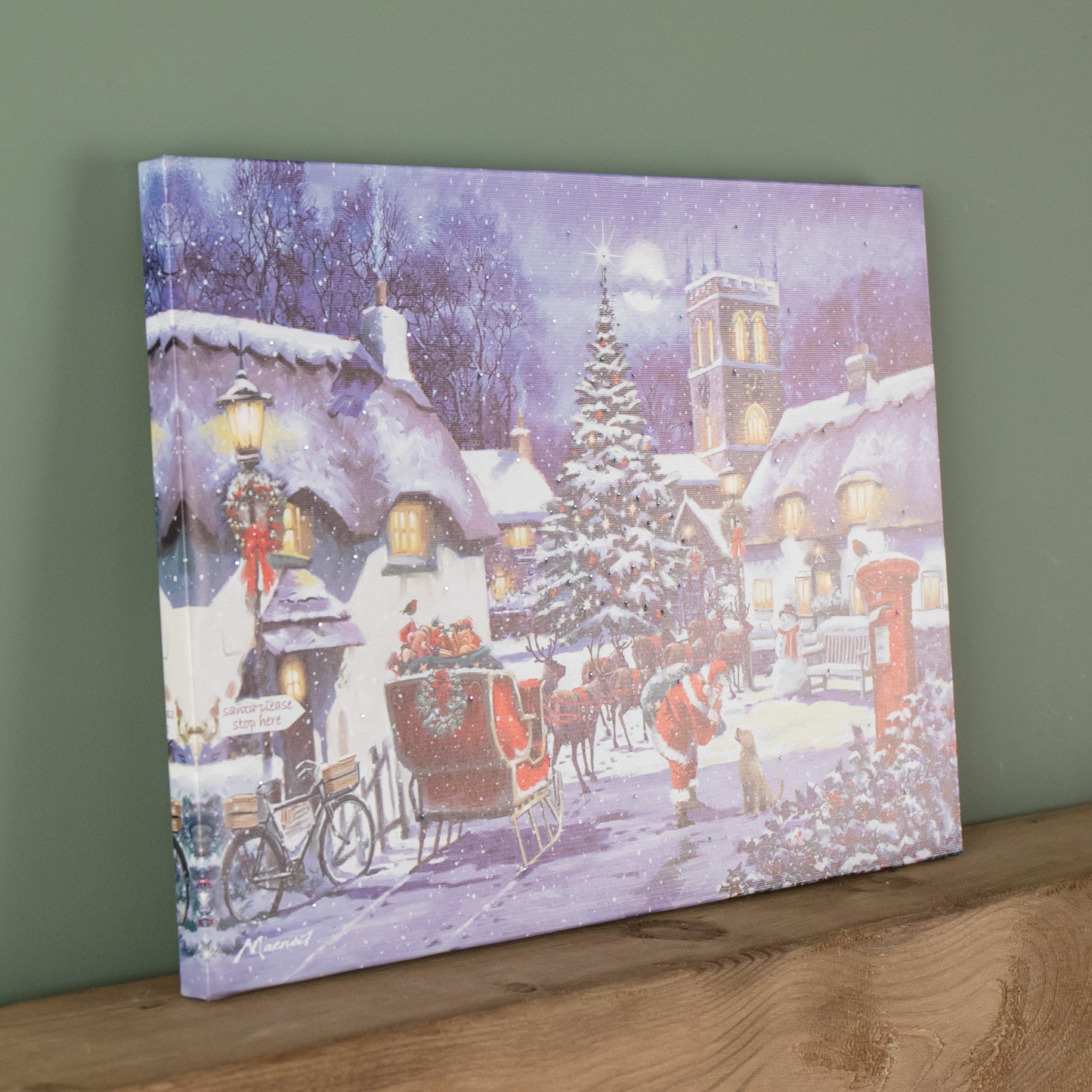 40 x 30cm Battery Operated Light up Fibre Optic Santa and Village Christmas Wall Canvas