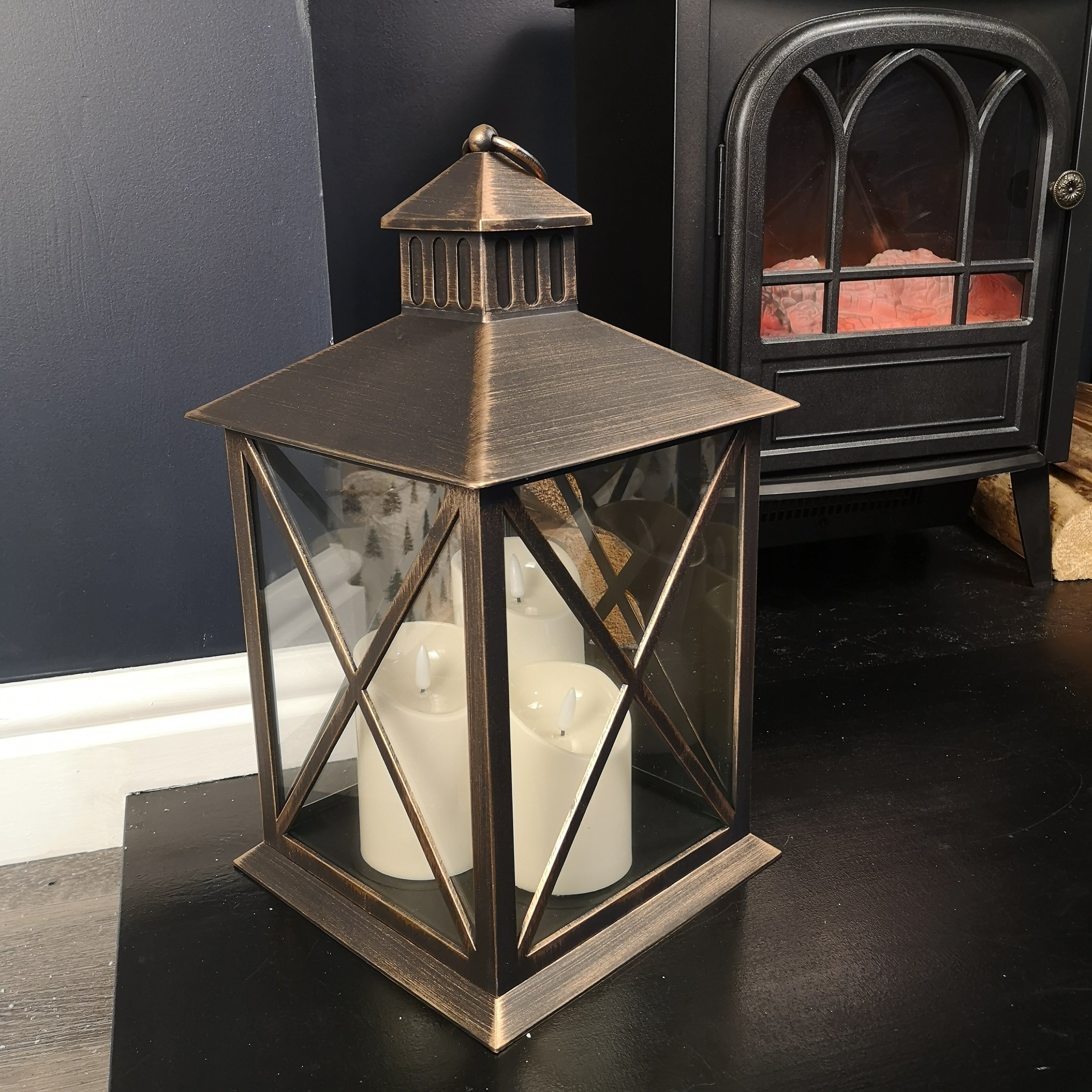 40cm Battery Operated Triple Lantern with Timer in Bronze