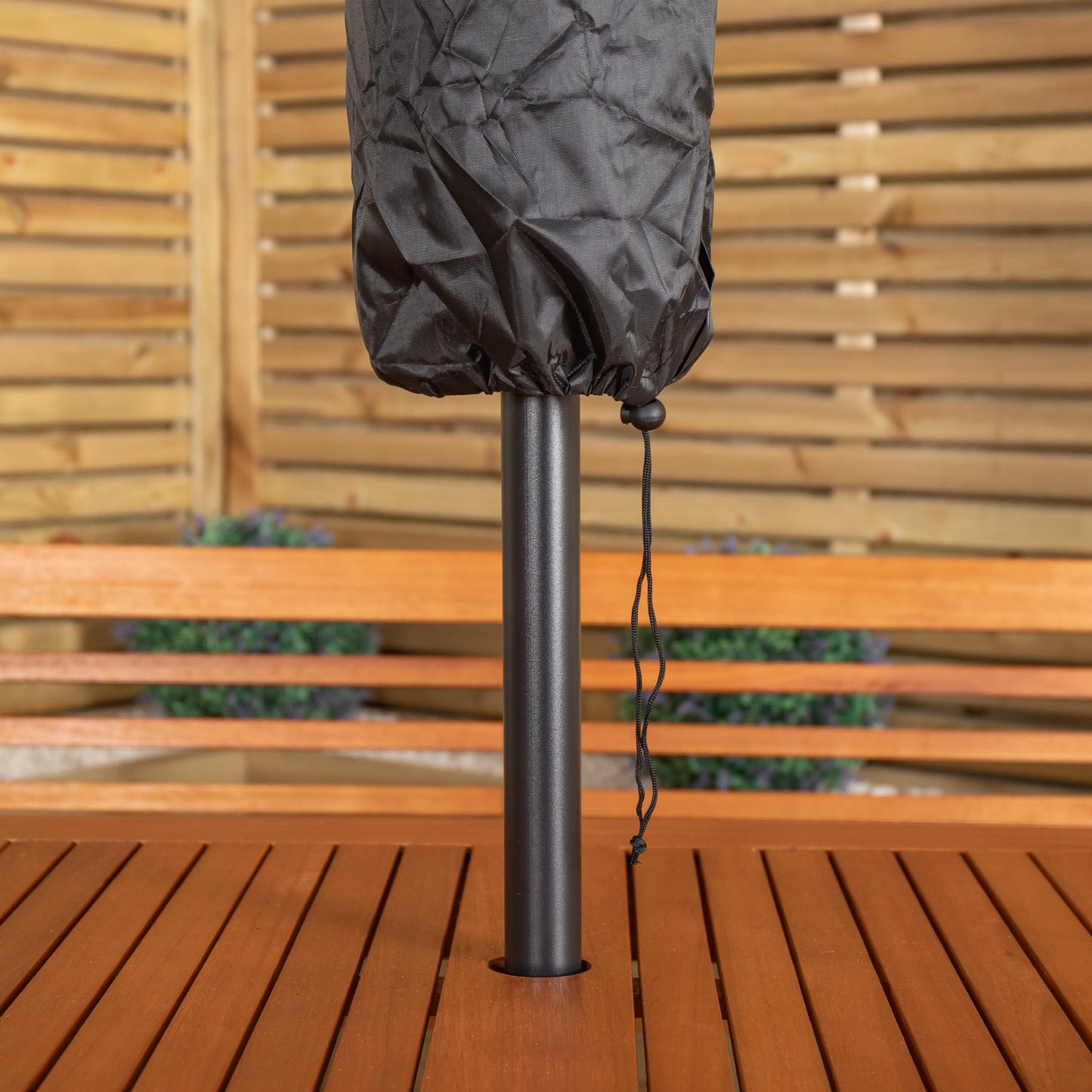 Outdoor 4 Person Rectangular Wooden Garden Table, 2 Benches with Grey Havana Parasol & Base