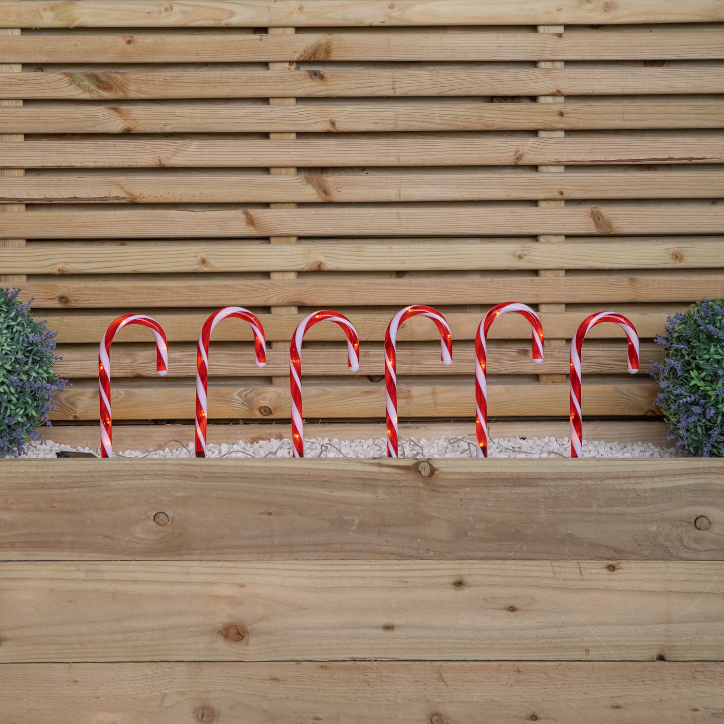 Set of 6 Light up Red & White Stripe Christmas Candy Cane Garden Stakes with LEDs