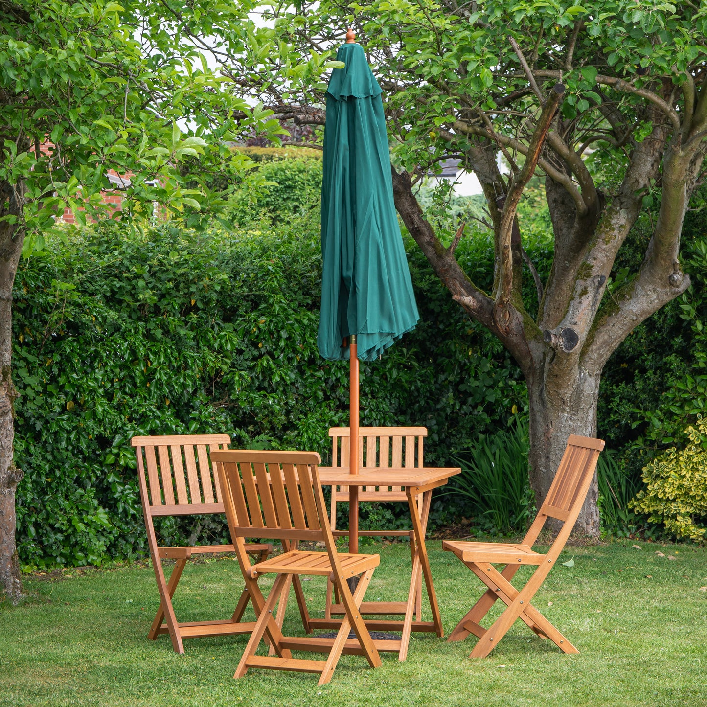 Outdoor 4 Person Folding Square Wooden Garden Dining Table Chairs Green Parasol and Base Set