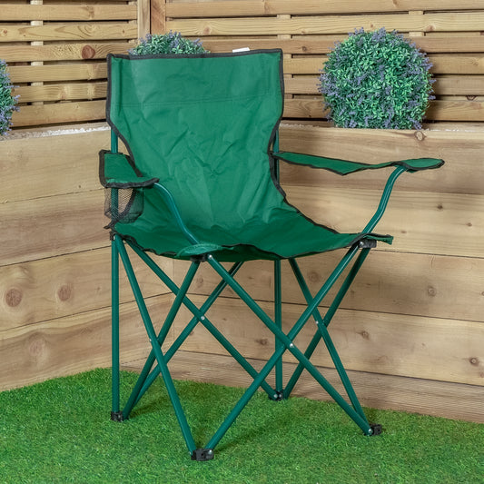 Outdoor Green Folding Camping Chair with Armrests & Cupholder
