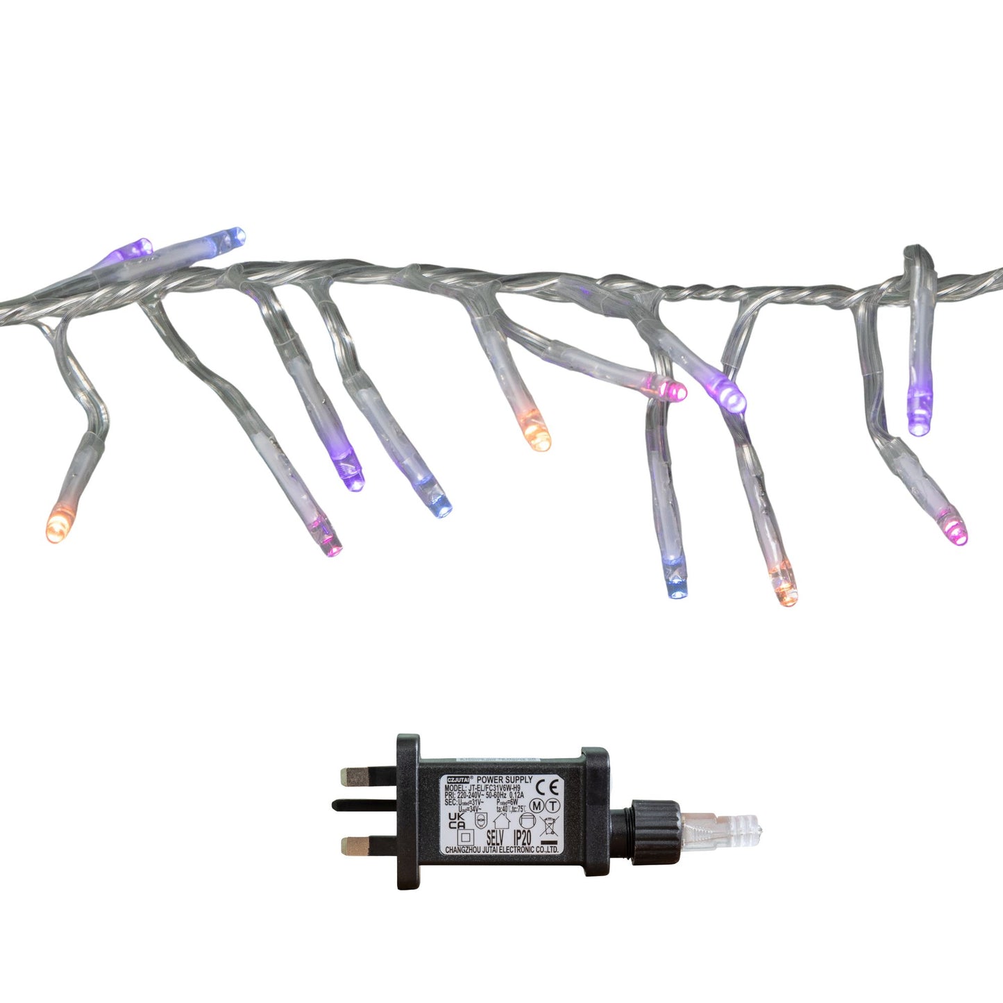 9.3m 720 LED Christmas Cluster String Lights with Timer in Rainbow on Clear Cable