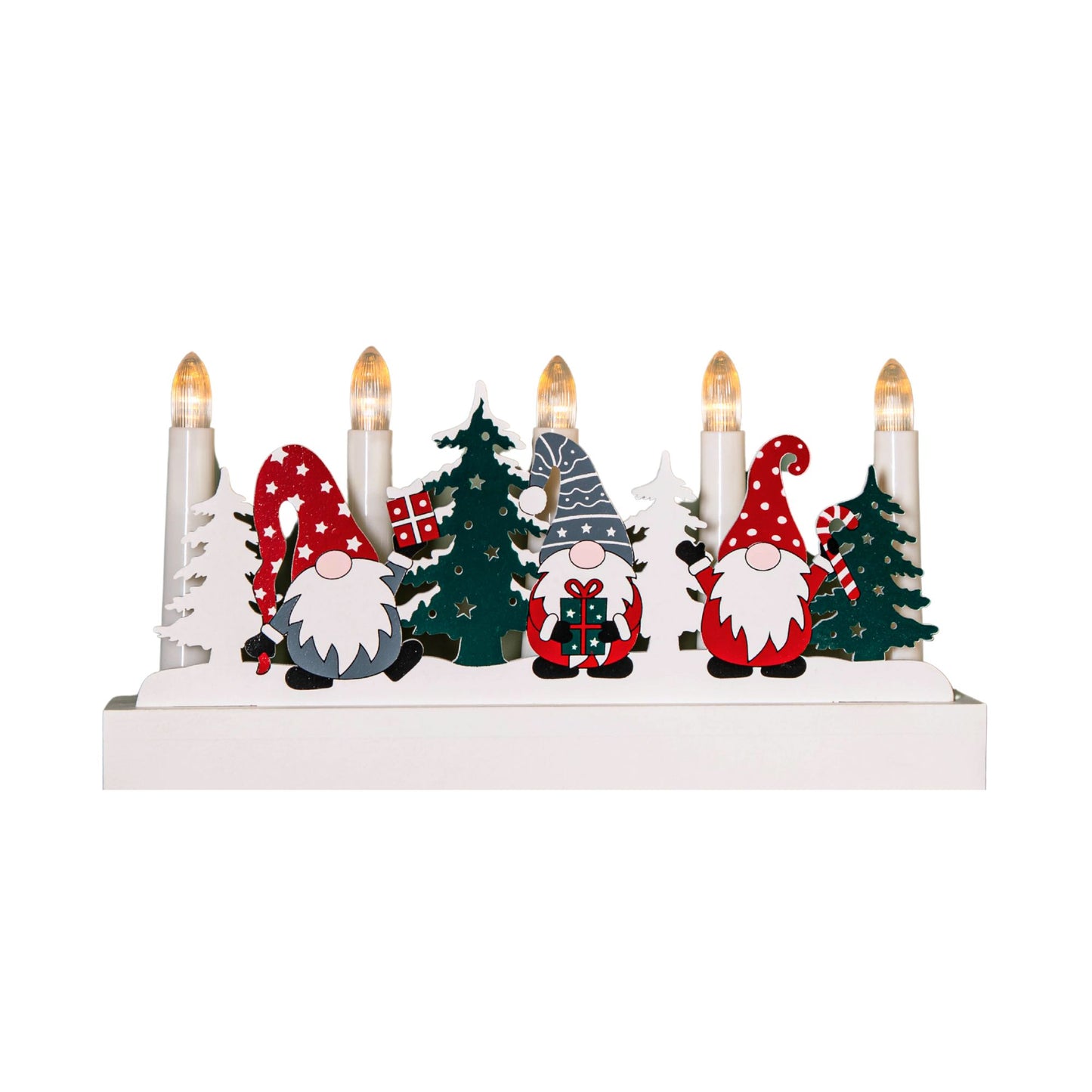 28cm Battery Operated Light up White Wooden Christmas Candle Bridge with Gonk Scene and 5 LEDs